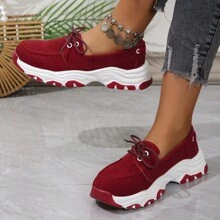 女士鞋子，春秋風格，休閒，鞋帶設計，防滑圓頭女鞋 - 紅色 - 查看 3