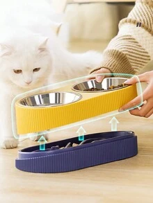 1套雙層不銹鋼貓狗食品碗,具有慢速進食設計和水分配器,寵物用品 - 黃色 - 查看 7