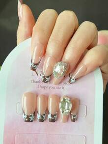 Set De 10 Uñas Postizas Naturales Con Forma Alargada En Estilo Francés En Forma De Ataúd Decoradas Con Estrella Y Pedrería Brillante, Hecho A Mano, Ideal Para El Día De San Valentín Y Uso Diario - Rosa - Ver 4