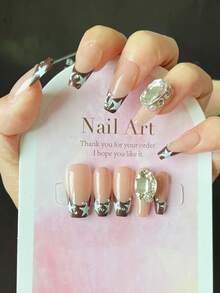 Set De 10 Uñas Postizas Naturales Con Forma Alargada En Estilo Francés En Forma De Ataúd Decoradas Con Estrella Y Pedrería Brillante, Hecho A Mano, Ideal Para El Día De San Valentín Y Uso Diario - Rosa - Ver 3