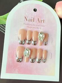 Set De 10 Uñas Postizas Naturales Con Forma Alargada En Estilo Francés En Forma De Ataúd Decoradas Con Estrella Y Pedrería Brillante, Hecho A Mano, Ideal Para El Día De San Valentín Y Uso Diario - Rosa - Ver 6