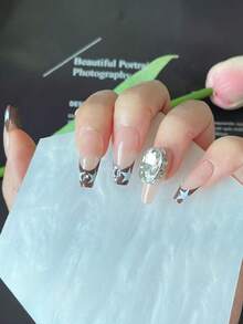 Set De 10 Uñas Postizas Naturales Con Forma Alargada En Estilo Francés En Forma De Ataúd Decoradas Con Estrella Y Pedrería Brillante, Hecho A Mano, Ideal Para El Día De San Valentín Y Uso Diario - Rosa - Ver 2
