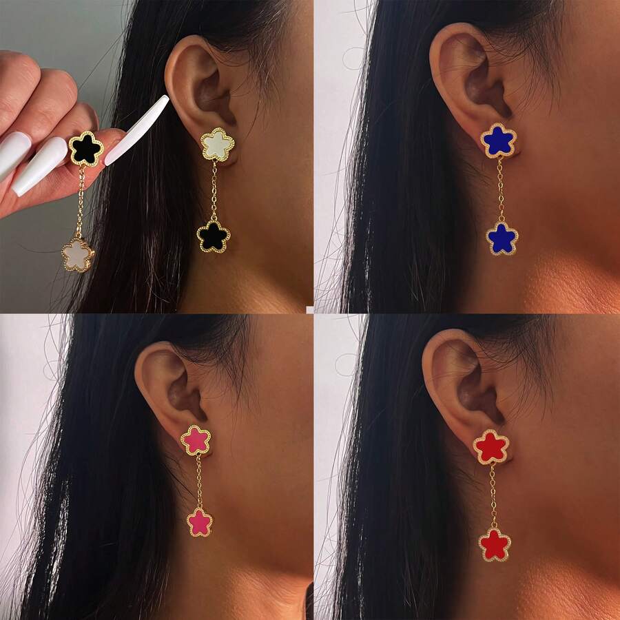 1pair Dual-Sided Abalone Shell Flower Decor Tassel Drop Earrings, Must-Have For Women - Grey - View 1