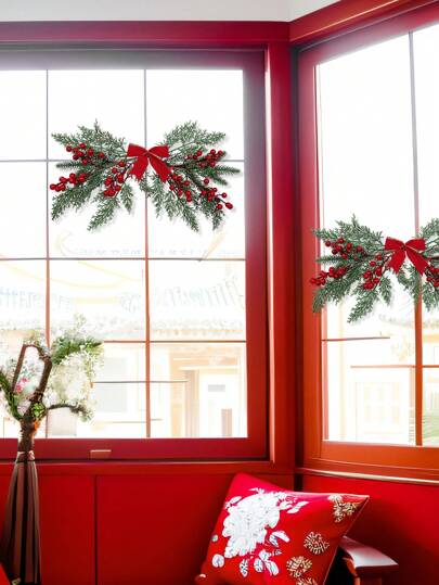 1 件人造蝴蝶结、冬青浆果、黄杨叶、五叉松针、鹿角 - 户外前门、走廊挂饰、家庭壁炉挂饰、新年氛围挂饰、情人节、礼物