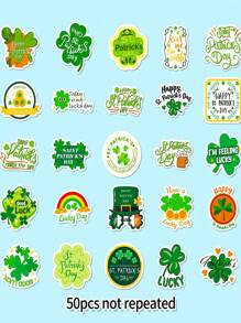 50入組聖派屈克節綠色幸運葉子防水裝飾貼紙,聖派屈克節綠色幸運葉子祝福貼紙,適用於裝飾家庭、筆記本、電腦、手機、水杯、滑板、辦公室文具、節慶禮物和生日禮物 - 彩色 - 查看 4