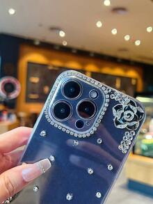 手工黑色雙花水鑽裝飾手機殼 - 白色 - 查看 3