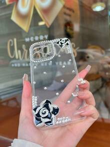 手工黑色雙花水鑽裝飾手機殼 - 白色 - 查看 6
