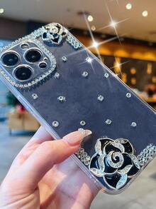 手工黑色雙花水鑽裝飾手機殼 - 白色 - 查看 2