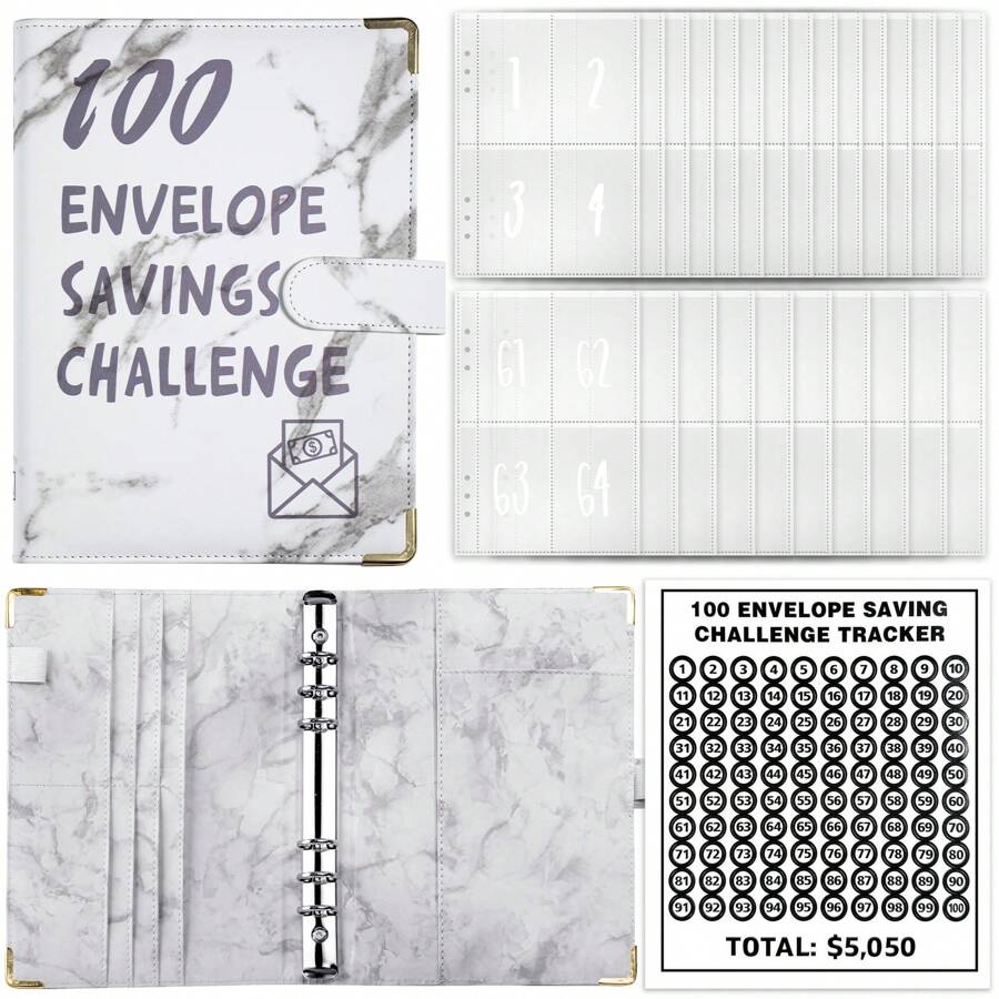 1set A5 Pu White Marble LooseLeaf Budget Notebook, 100Day Challenge