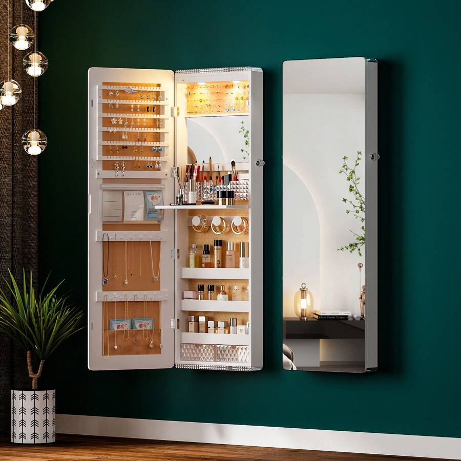 HNEBC LED Mirror Jewelry Cabinet,47.2" Wall Mounted Jewelry Organizer With Full-Length Mirror,Over The Door Hanging Jewelry Armoire Storage Cabinet,Folding Dresser,2 Drawers,Lockable, 3 Shelves - 白色 - 查看 1