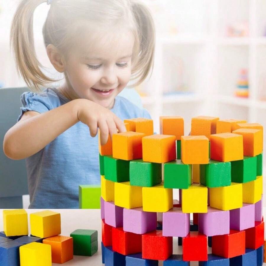 100 塊彩色立方體積木帶隨機顏色粗麻布收納袋 - 100PCS彩色立方體積木+麻布收納袋(顏色隨機) - 查看 1