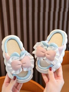 Adorable Bowknot Design Toddler Kids' Linen Slippers With Thick Sole, Indoor Anti-Skid Baby Girls' Home Shoes For Spring & Autumn - Pink - View 3