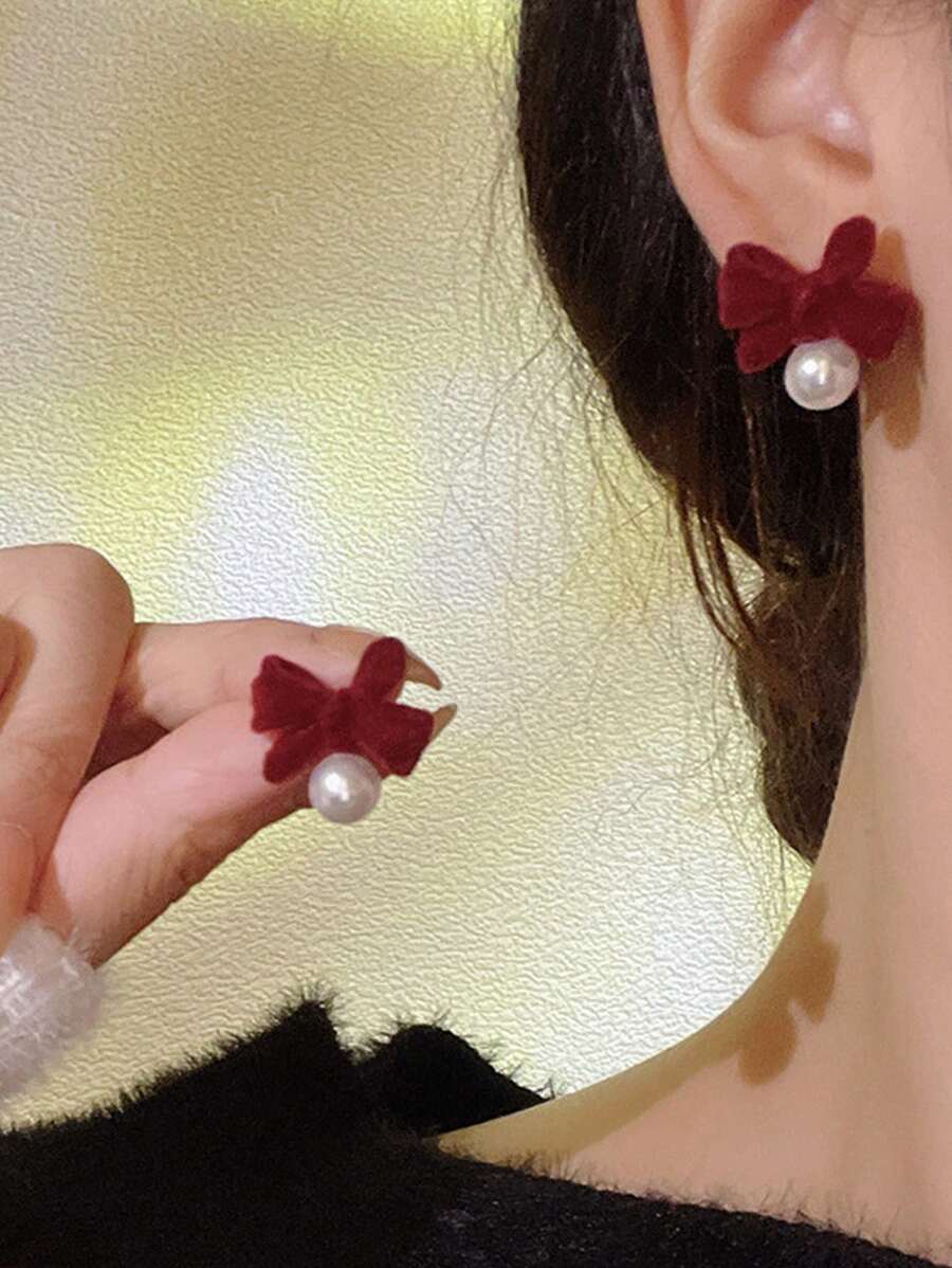 1 对新款时尚潮流不锈钢优雅精致珍珠蝴蝶结耳环女士珠宝婚礼派对高级礼物 - 紅色 - 查看 1