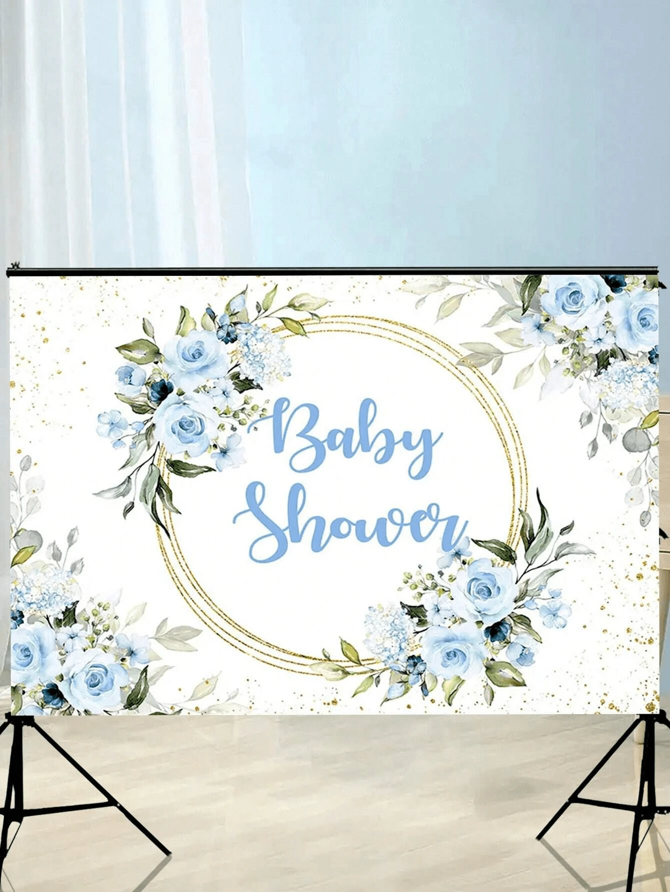 1pc- Blue Baby Shower Floral Background, Available In Various Sizes For Decorating Children's Birthday Parties, Gender Unveiling Parties, And Other Occasions - Blue - View 1