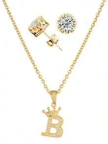 3入組時尚個性化b字母皇冠立體方晶鋯石耳針項鍊套裝,適用於女性情人節禮物珠寶 - 金黃色 - 查看 9