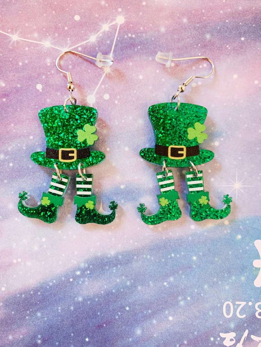 1pair Fashionable Hat & Clover St. Patrick's Day Party Celebration Green Earrings, Perfect Gift For Women, Friends And Best Friends Valentines,Mom,Mother,Mother's Day,Gift - Multicolor - View 1