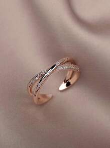 1 Stück Edelstahl Roségold Beschichtetes, Offenes Und Verstellbares Ringdesign Mit Kreuz Und Cz-pflaster, Mode- Und Luxus-schmuckstück Für Frauen