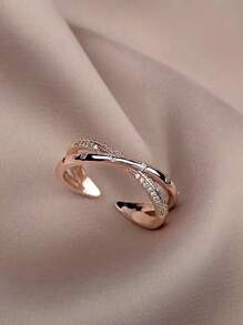 1 Stück Edelstahl Roségold Beschichtetes, Offenes Und Verstellbares Ringdesign Mit Kreuz Und Cz-pflaster, Mode- Und Luxus-schmuckstück Für Frauen