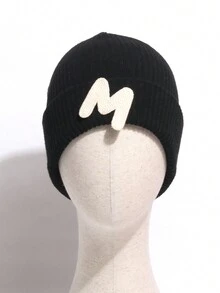 時尚純色針織帽子 - 黑色 - 查看 1