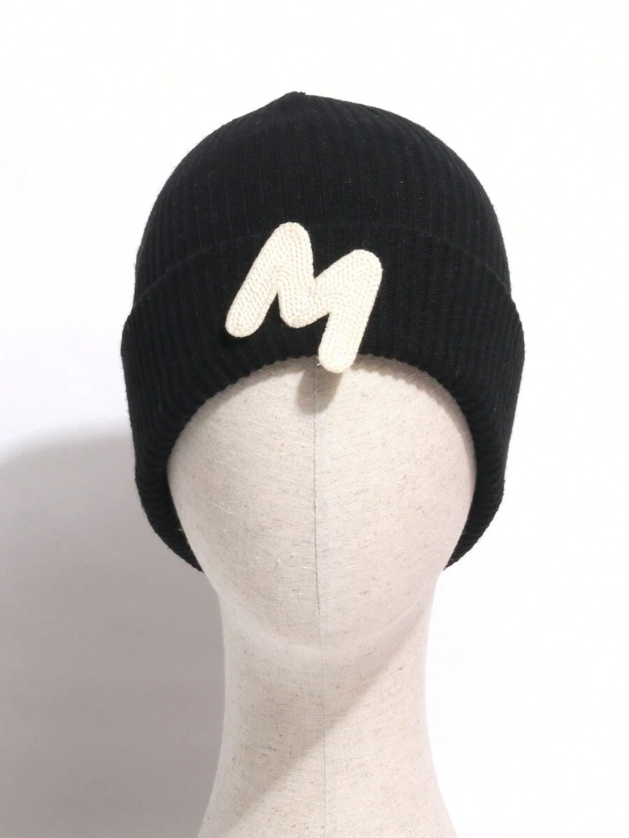 時尚純色針織帽子 - 黑色 - 查看 1