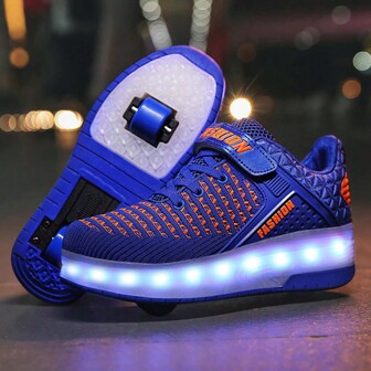 Teenagers' Sneakers, Soft And Breathable Double-Wheel Roller Skates With Led Charging Mode Hook And Loop; Detachable Wheel Design Allows The Shoe To Be Converted From A Skating Shoe To A Sport Shoe.