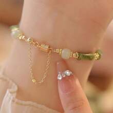 1pc Retro Chinese Style Accessory - Hetian Jade & Bamboo Shape Bracelet - Green - View 5