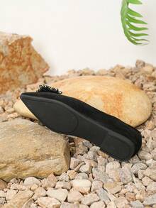 2023 春季新款女士平底鞋尖头低帮社交绒面革单鞋百搭 - 黑色 - 查看 5