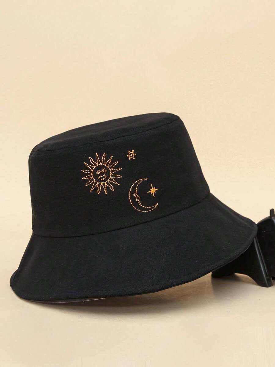 1入款春/夏季女士戶外休閒遮陽帽，太陽、月亮、星星以金色線繡，Y2K男女伴侶款漁夫帽 - 黑色 - 查看 1