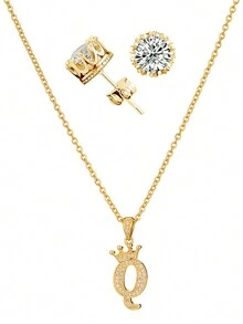 3入組時尚個性化q字母皇冠立體方晶鋯石耳環項鍊套裝,適合女性送給女性的情人節禮物