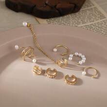 8pcs/Set Unisex Faux Pearl Clip On Earrings, Fake Cartilage Earrings For Men And Women, Non-Pierced Jewelry - Yellow Gold - View 5