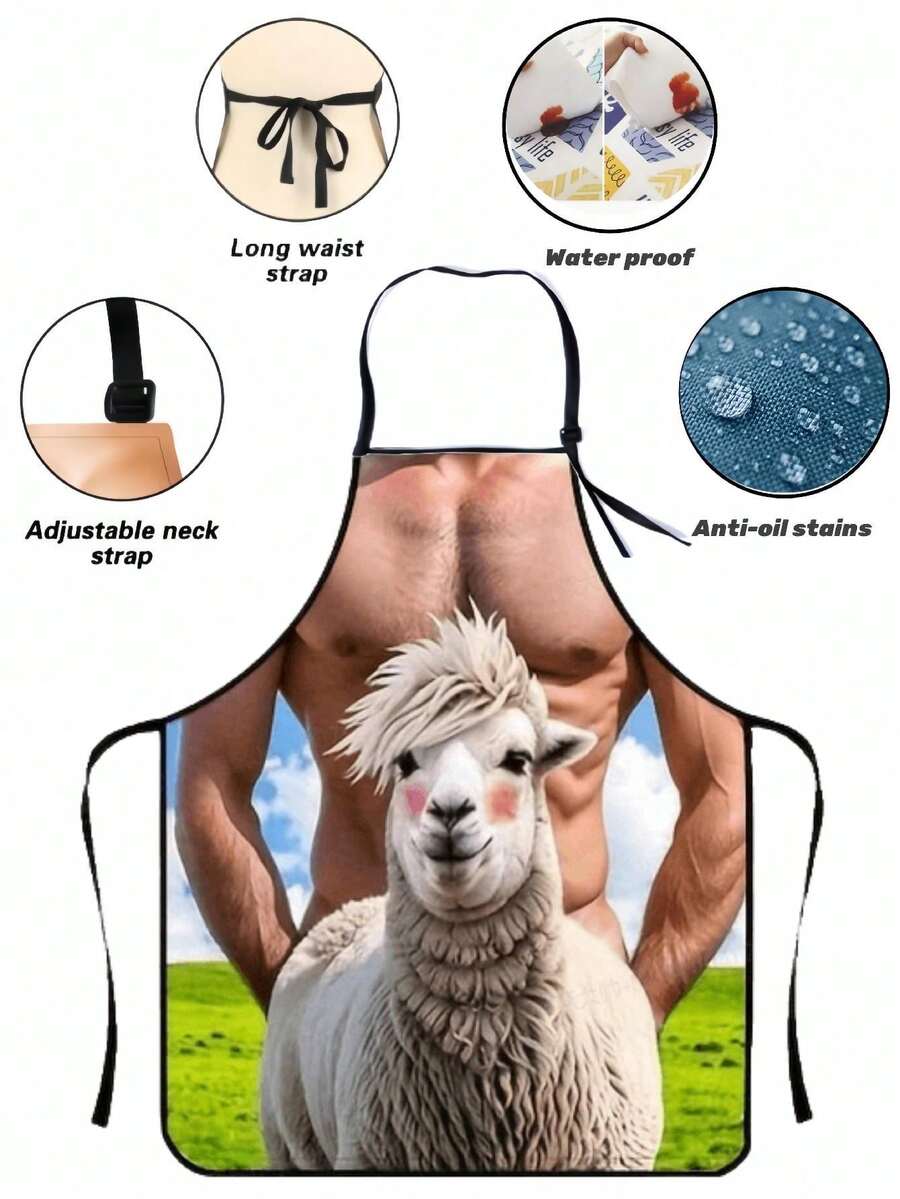 1 件，涤纶围裙，创意羊驼腹部围裙，时尚家务厨房家居工作服，厨房用品搞笑性感派对用品，情侣户外烧烤围裙 - 羊駝男 - 查看 1