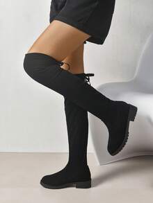 歐美風過膝長靴女秋冬高跟粗跟粗跟過膝啞光過膝高筒靴2023新款設計師靴子粗跟平底 - 黑色 - 查看 6
