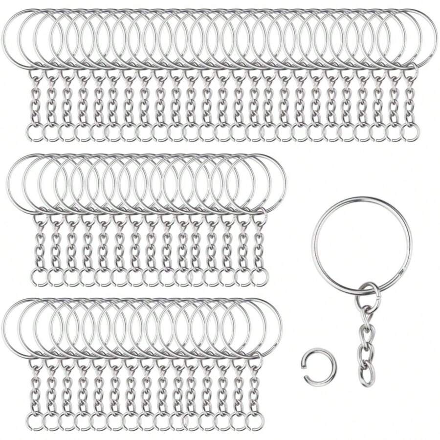 100pcs Metal Split Key Ring Set With Chain And Open Jump Ring, Silver, 1"/25mm, For Craft DIY - Silver - View 1