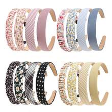 4 件套織物頭帶組合,韓式清新花卉和格子印花女式髮箍 - 黃色系 - 查看 1