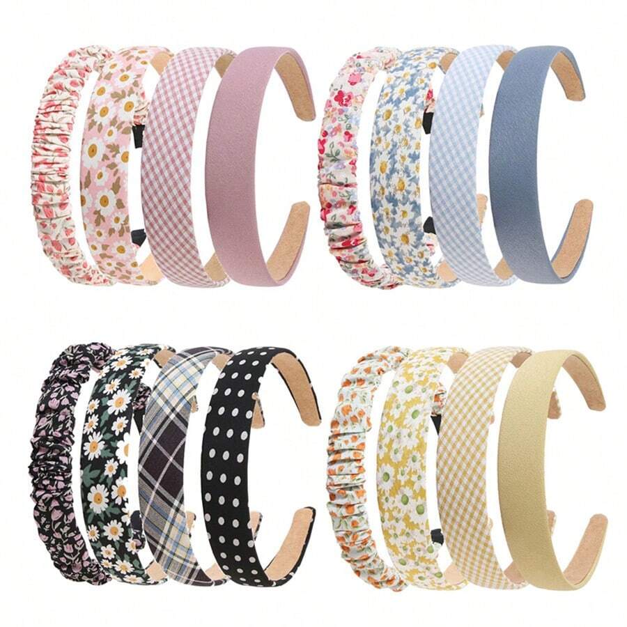 4 件套織物頭帶組合,韓式清新花卉和格子印花女式髮箍 - 黃色系 - 查看 1