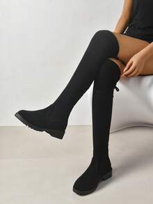 歐美風過膝長靴女秋冬高跟粗跟粗跟過膝啞光過膝高筒靴2023新款設計師靴子粗跟平底 - 黑色 - 查看 2