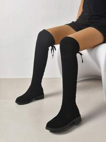 歐美風過膝長靴女秋冬高跟粗跟粗跟過膝啞光過膝高筒靴2023新款設計師靴子粗跟平底 - 黑色 - 查看 1