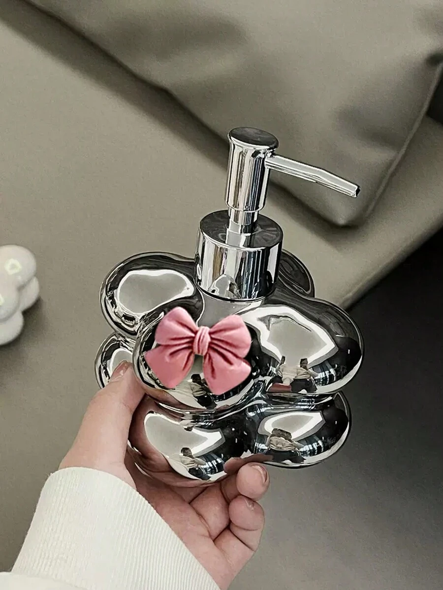 1 件创意按压式陶瓷浴室罐，奢华云朵带蝴蝶结装饰泵瓶，适用于浴室、乳液瓶、洗手液分配器 - 銀色 - 查看 1