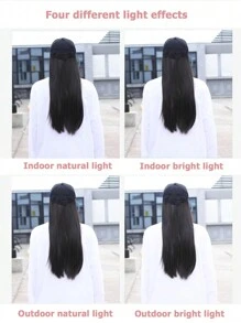 Cabello lacio largo natural con sombrero, peluca de sombrero sintético dama - Negro - Ver 7