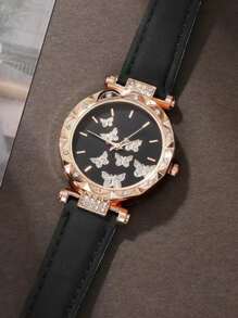 1 件女孩石英表配粉色 PU 皮革表带，时尚钻石几何表盘，1 套 5 件蝴蝶珠宝装饰，适合日常生活