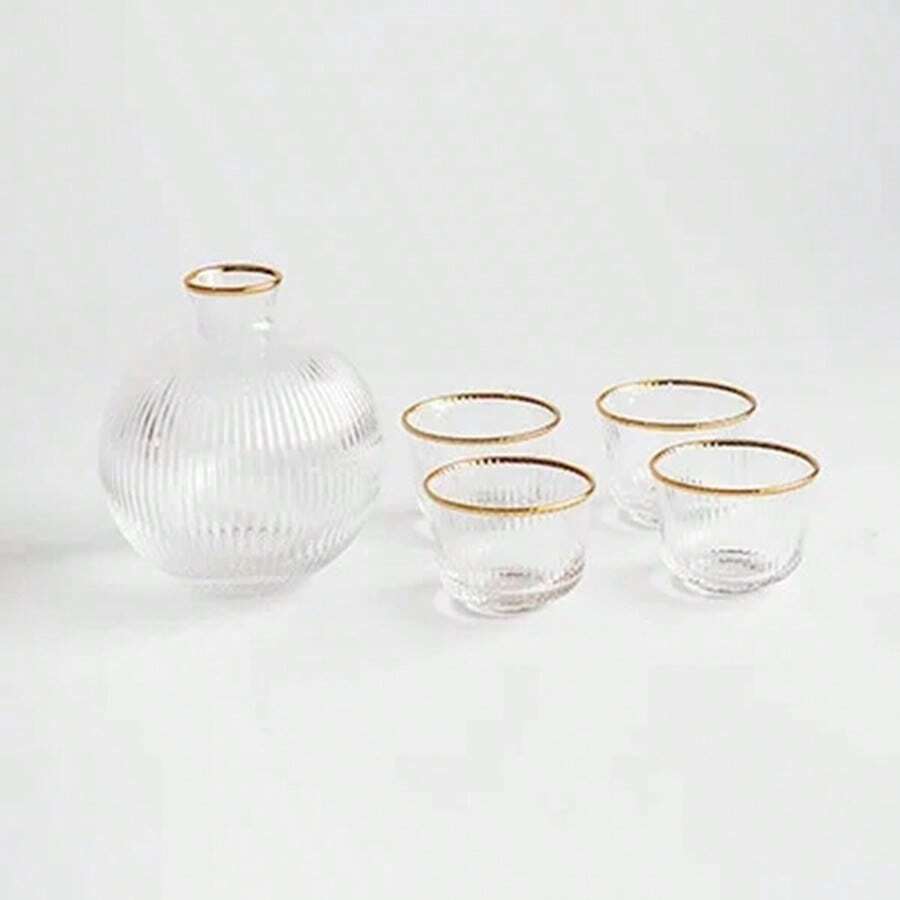 1set Gold Rim Glass Decanter With Glass Cups, Japanese-Style Set For 4 People - Apricot - View 1
