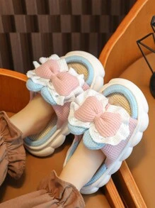 Adorable Bowknot Design Toddler Kids' Linen Slippers With Thick Sole, Indoor Anti-Skid Baby Girls' Home Shoes For Spring & Autumn - Pink - View 5