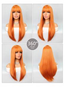 合成耐热假发，带刘海，自然中发际线，26 英寸直发，全机器制造，日常用于女孩女性角色扮演，自然外观，优质合成柔软假发 - 橘色 - 查看 3