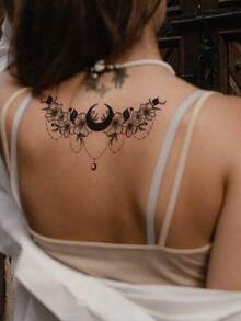 Tatuaje Adhesivo Temporal Grande Para Pecho, Abdomen Y Espalda, Con Diseño De Flor, Media Luna Y Borla, 1 Ud. - Negro - Ver 4