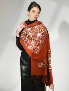 1條新款厚繡花仿綢絨暖披肩,適合休閒、旅行、送禮、裝飾等用途 - 鏽棕色 - 查看 2