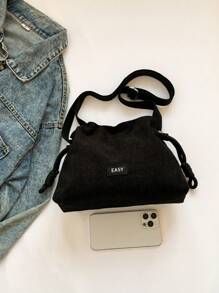 一款銷售毛絨布拉繩水桶包,小巧、清新、簡單、輕巧、大容量褶皺款長夾,女性休閑斜挎包,祝福包,時尚派對包 - 黑色 - 查看 6