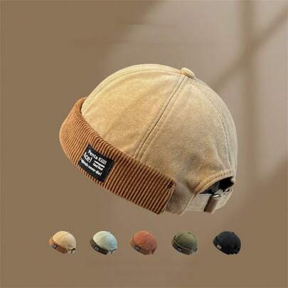 1 pieza Gorra de marinero de pana cálida con parche de etiqueta, gorra sin ala de unicolor casual unisex para atuendos de invierno y otoño