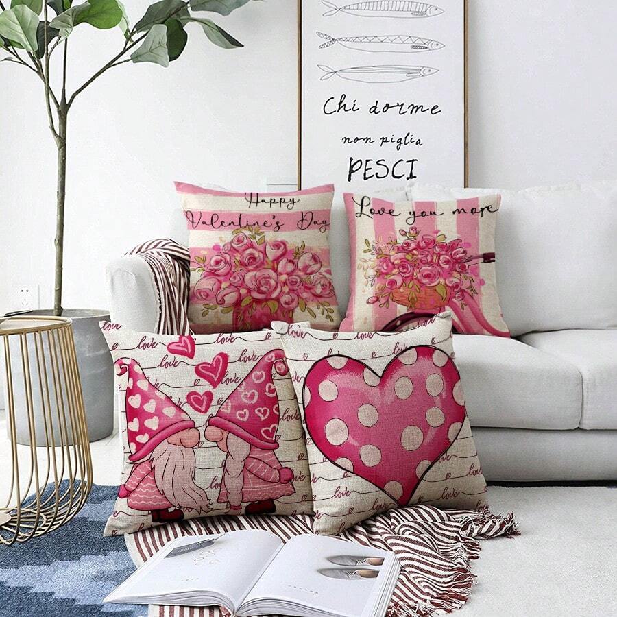 4入組情人節枕頭套,17.7英寸x17.7英寸,心形＆小矮人＆花卉＆字母印花枕套,家居裝飾毛絨墊套,不包括枕芯 - 彩色 - 查看 1