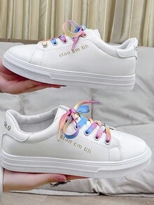 Colorful Shoelaces Women's New 2024 Gradient Color Canvas Shoes All-Match Rainbow Shoelaces, Multicolor - White - View 5