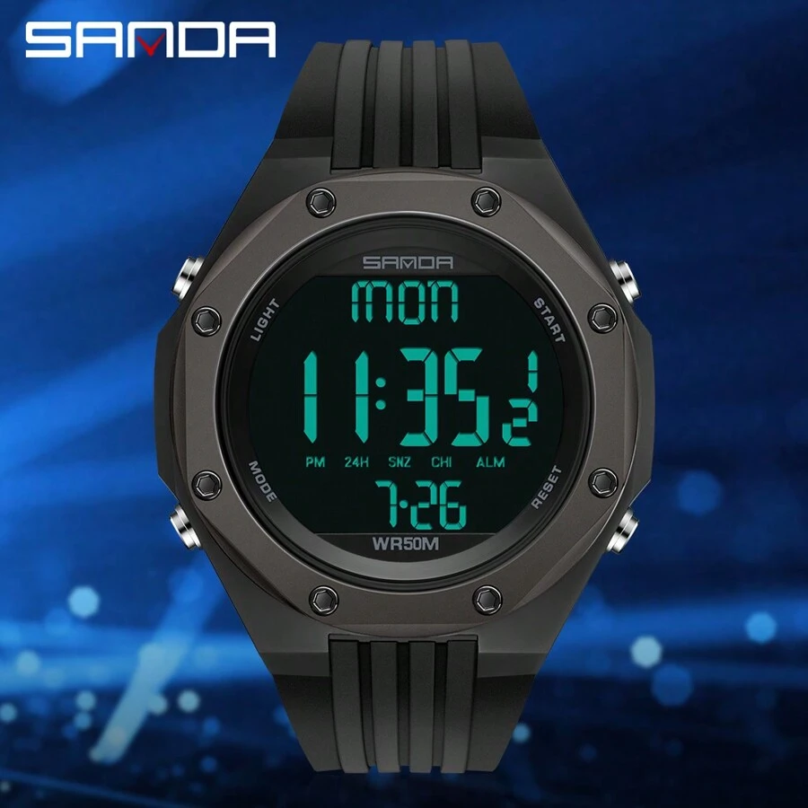 Sanda 1pc Unisex Multifunctional Fashionable Simple Automatic Digital Watch With Night Light Display, Waterproof, Suitable For Sports And Leisure, Model 6093 - Black - View 1